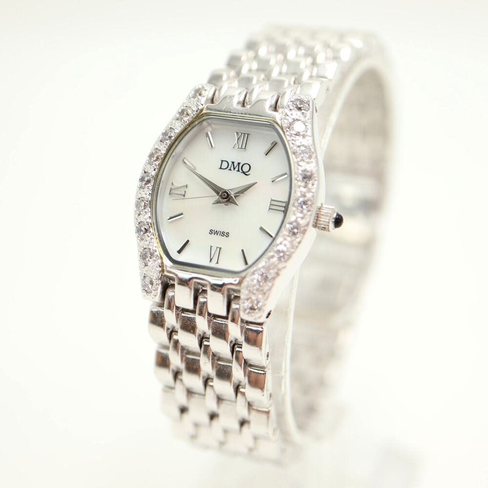 DMQ Swiss Silver Tone 22mm MOP Womens Watch Gem Set Metal Bracelet w New Battery